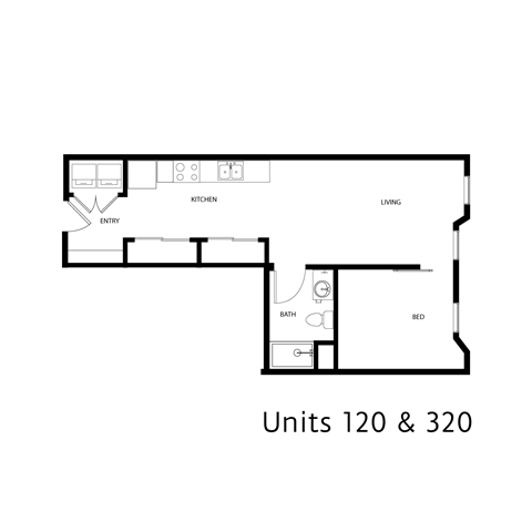 Floor plan for 1 bed, 1 bath, 570 sqft
